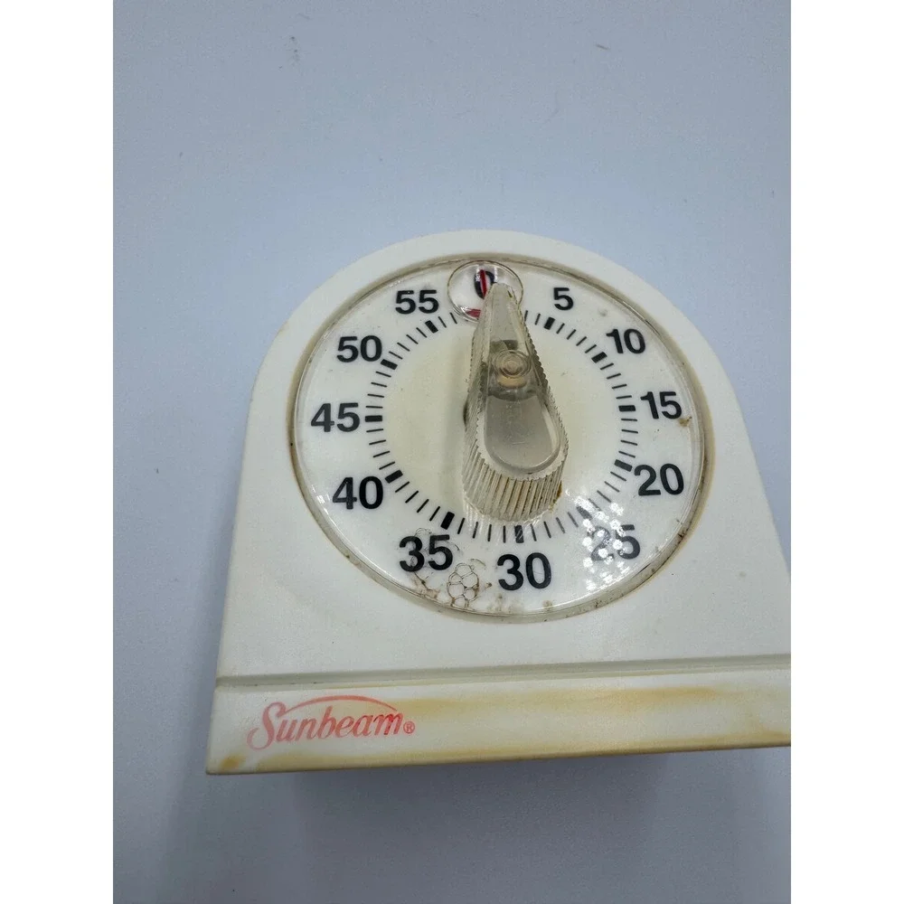 Sunbeam Kitchen Timer Vintage 60 Minute Wind Up Cream White Plastic Mechanical